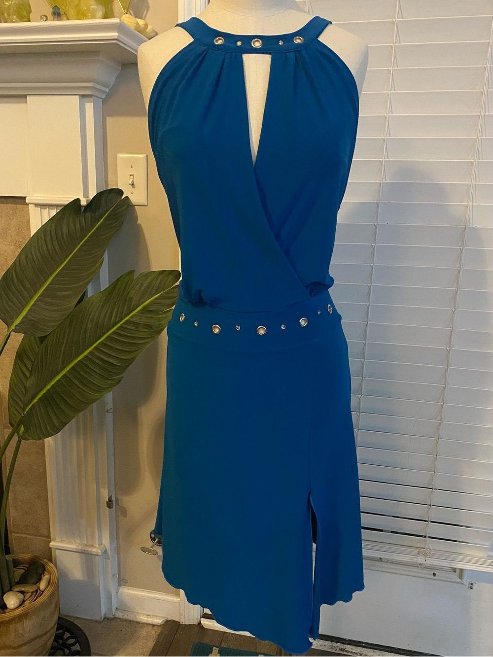 Sleeveless Teal Halter Dress with Stud Detail